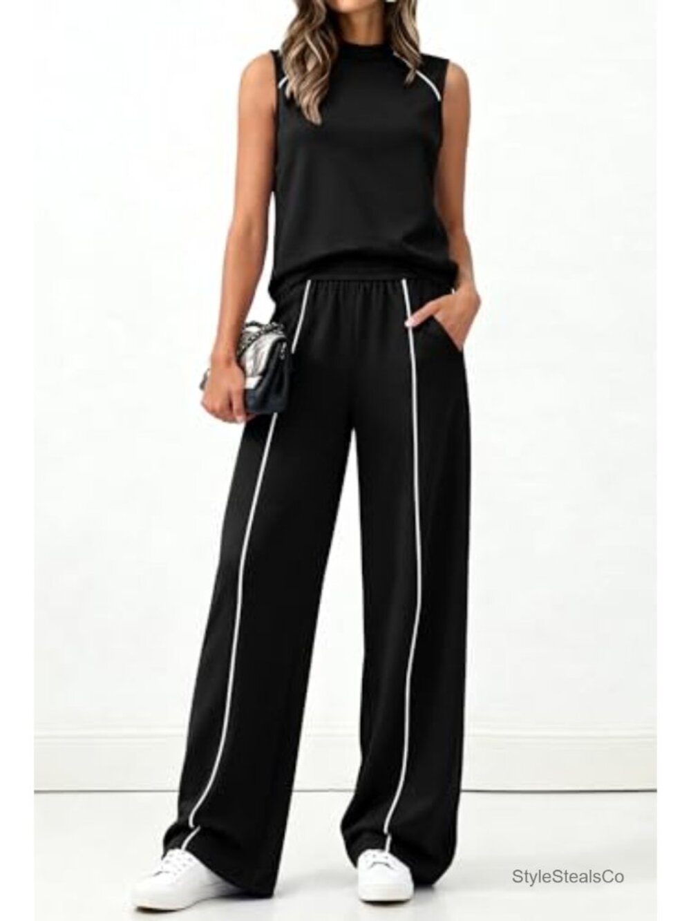 Mock Neck Sleeveless Tank Top and Wide Leg Pants Two Piece Lounge Set - Picture 4 of 6